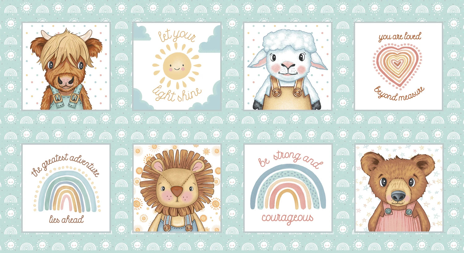 Boho Buddies | Light Teal Block Panel 24" by Sharon Kuplack for Henry Glass | 1723P-16