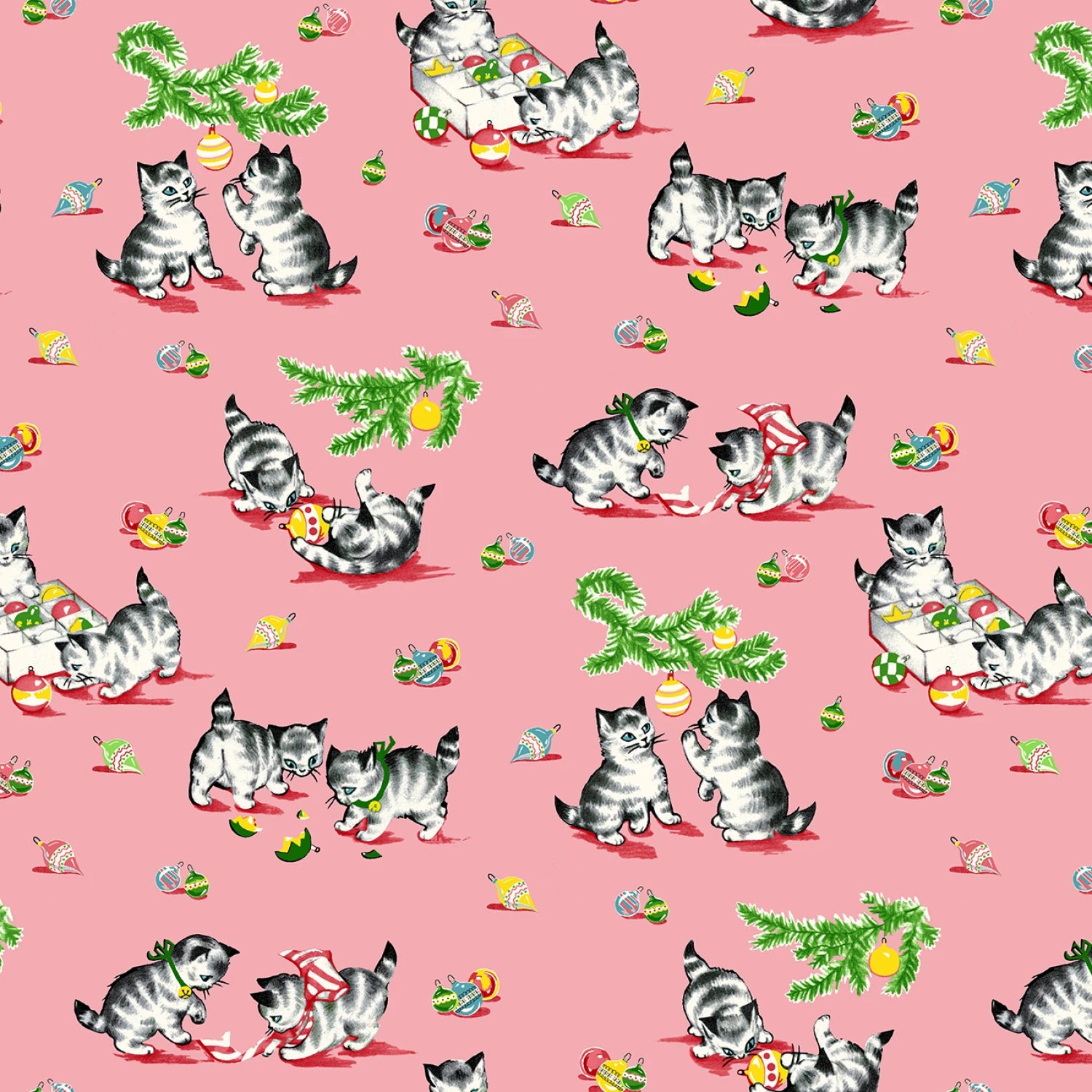 A Kitty for Christmas | Pink Kitties & Garland by Hannah West for Henry Glass | 1984-22