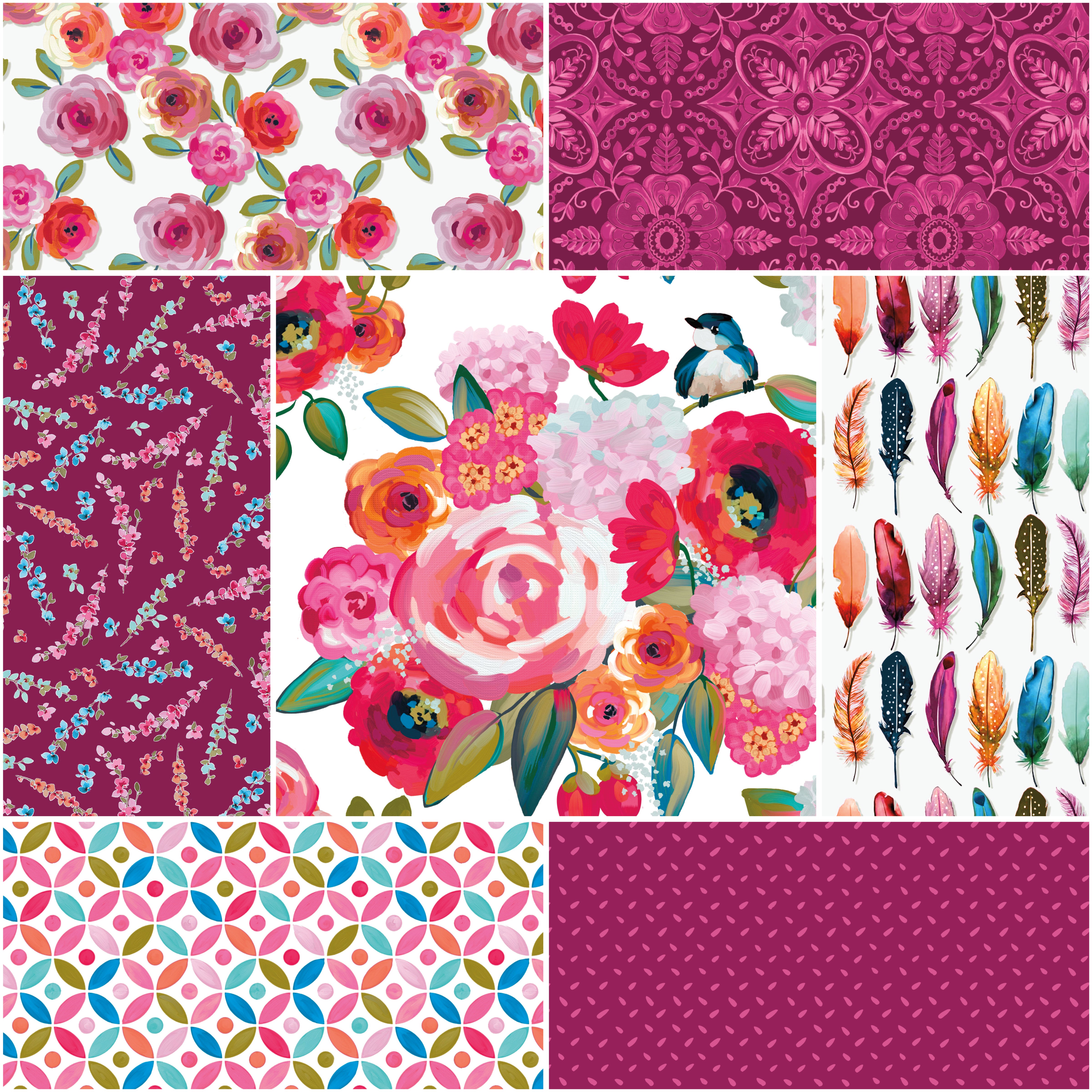 Poppies & Plumes | 1-Yard Bundle White by Lila Tueller for Riley Blake | 7 pcs