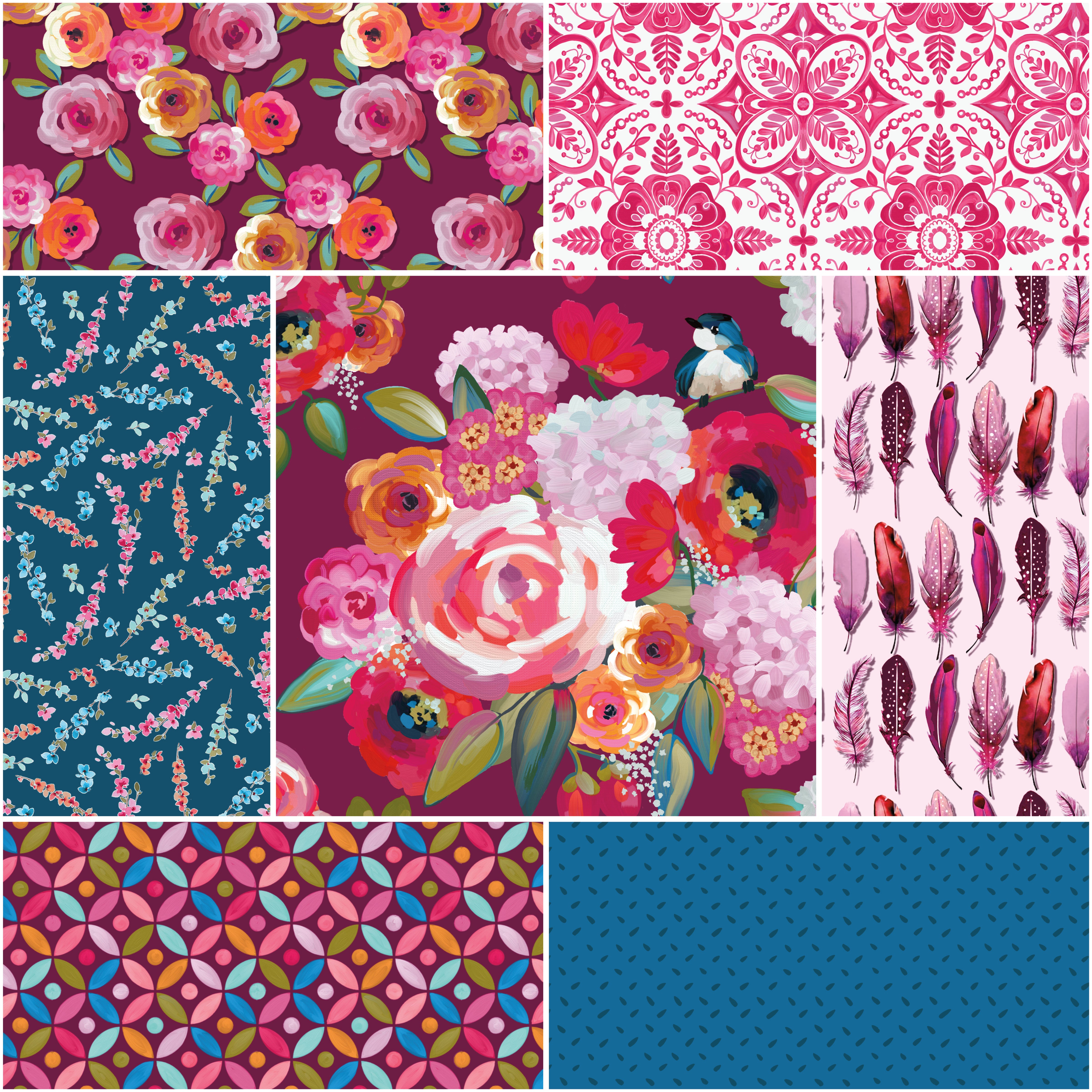 Poppies & Plumes | 1-Yard Bundle Wine by Lila Tueller for Riley Blake | 7 pcs
