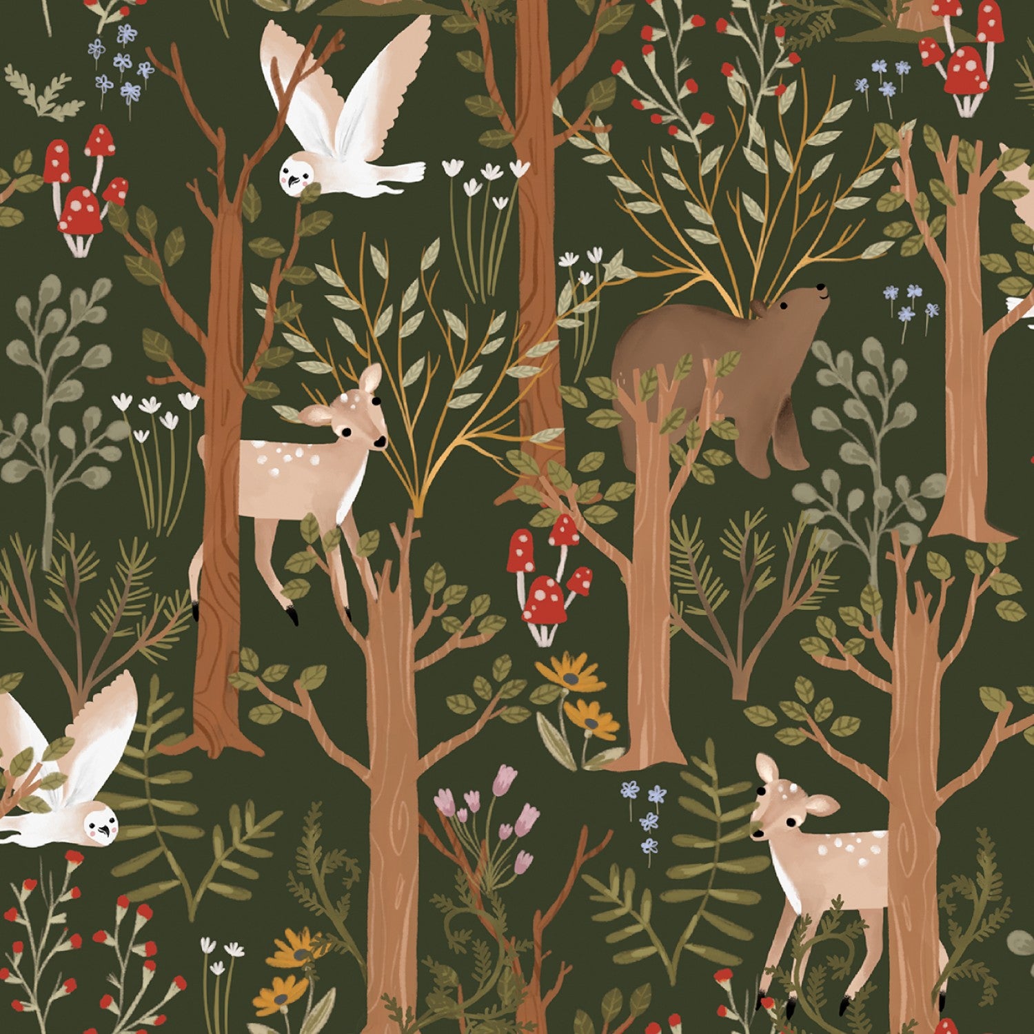Cozy Forest | Whimsical Woods Green by Elaine Kay for 3 Wishes Fabric | 20831-GRN