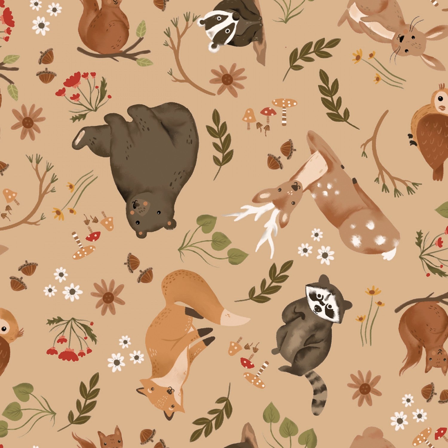 Cozy Forest | Tossed Animals Tan by Elaine Kay for 3 Wishes Fabric | 20832-TAN
