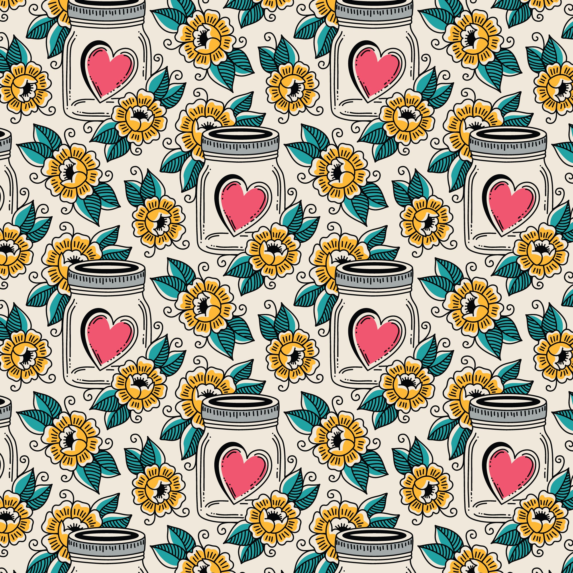 Love, Ink | Ivory/Multi Mason Jars by RouCouCou for Cloud9 | 228634 | 100% Organic Cotton