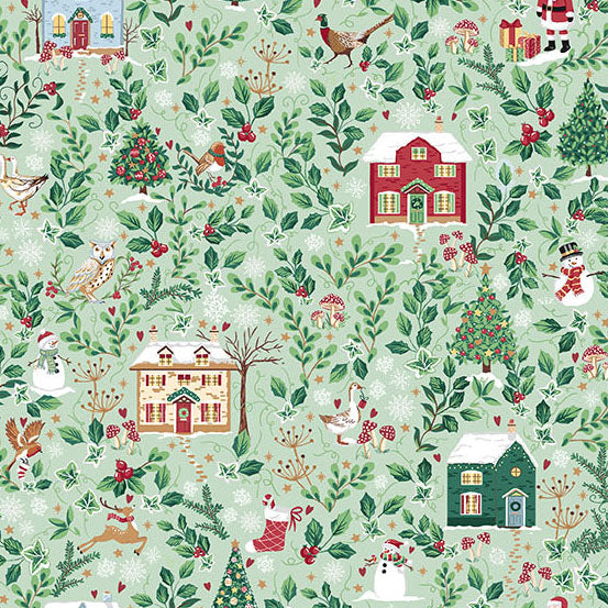 Country Christmas | Cottages Green by Makower UK for Andover Fabrics | MU-240-G