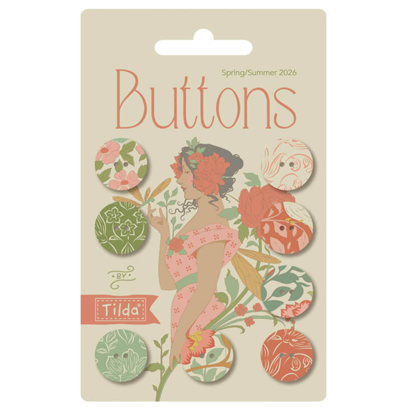Tilda Songbird Decorative Buttons 0.63in (16mm) | Coral/Green | 8pcs