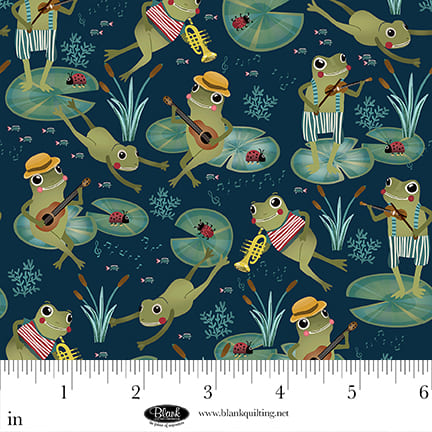Lake Night Serenade | Navy Frogs with Instruments by Bienvenido for Blank Quilting | 4303-77