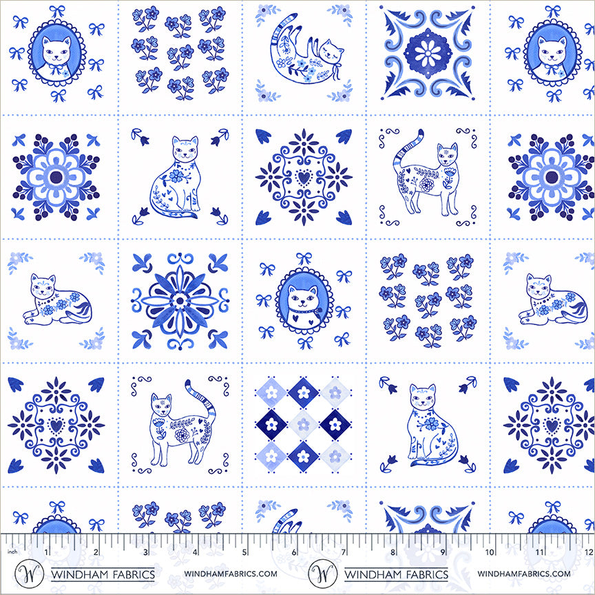 Chateau Meow | Tiny Tiles - White/Blue by Whistler Studios for Windham Fabrics | 55342-1