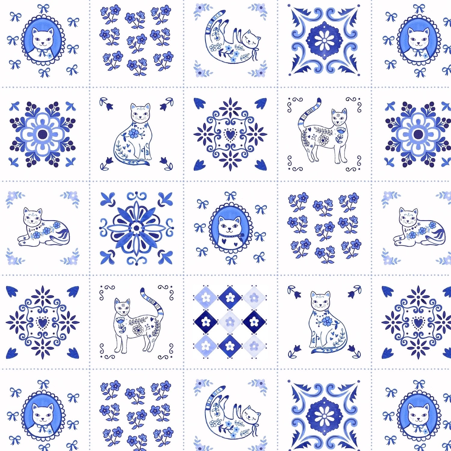 Chateau Meow | Tiny Tiles - White/Blue by Whistler Studios for Windham Fabrics | 55342-1