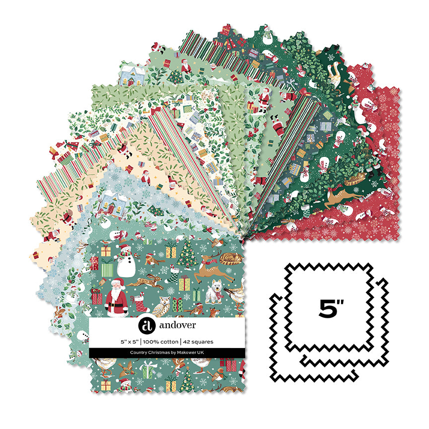 Country Christmas | 5" Charm Pack by Makower UK for Andover Fabrics | 42pcs | 100% Cotton
