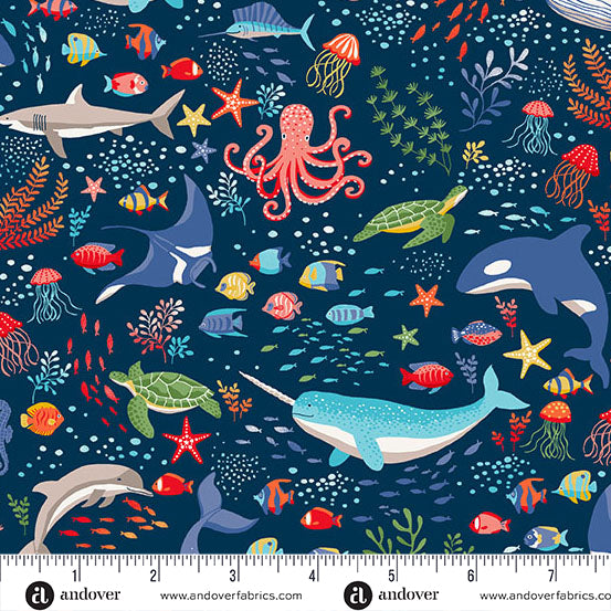 Deep Blue Sea - Dark Blue Creatures by Makower UK for Andover Fabrics | MU-137-B8