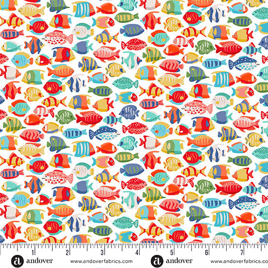 Deep Blue Sea - White Fish Shoal by Makower UK for Andover Fabrics | MU-139-W