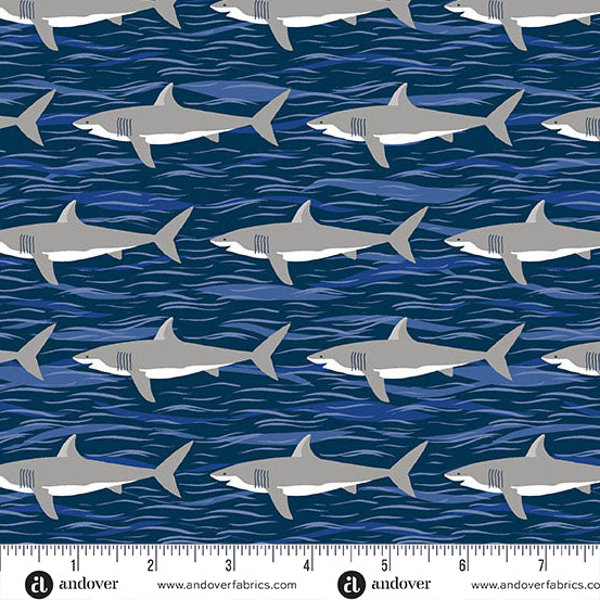 Deep Blue Sea - Dark Blue Sharks by Makower UK for Andover Fabrics | MU-141-B8