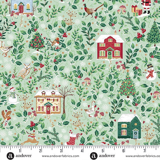 Country Christmas | Cottages Green by Makower UK for Andover Fabrics | MU-240-G