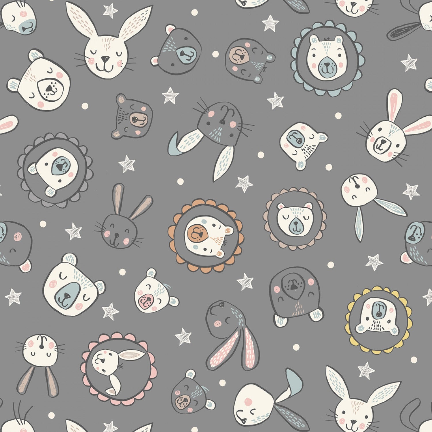 Bella Bunny & Bear | Faces on Dark Grey by Lewis & Irene | A649.3