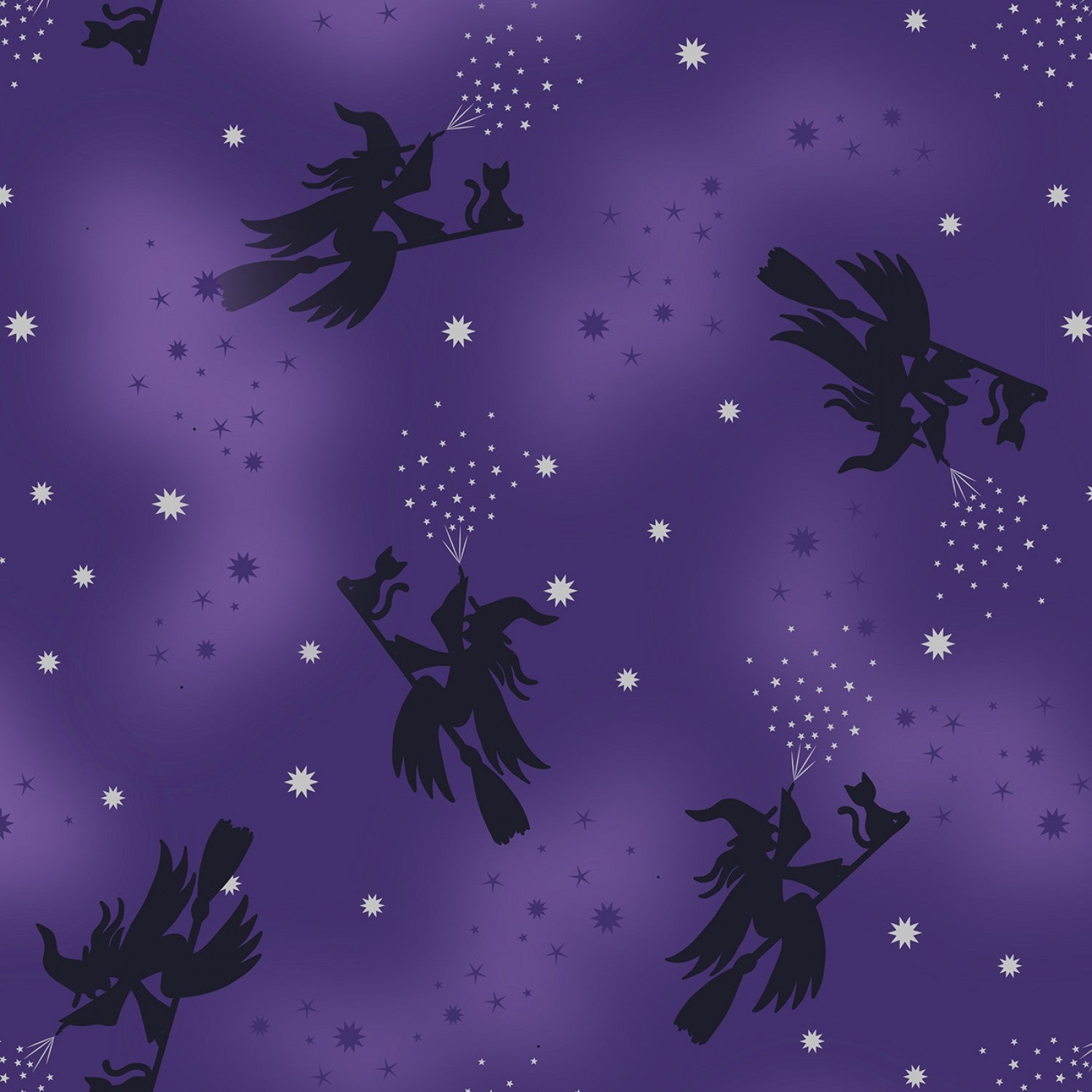 Cast a Spell | Flying Witches on Purple with Silver Metallic by Lewis & Irene | A722.2