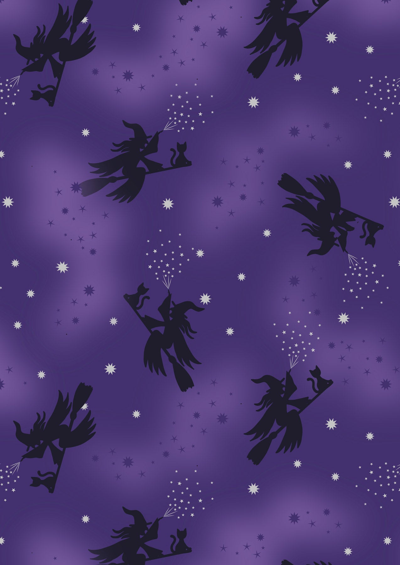 Cast a Spell | Flying Witches on Purple with Silver Metallic by Lewis & Irene | A722.2