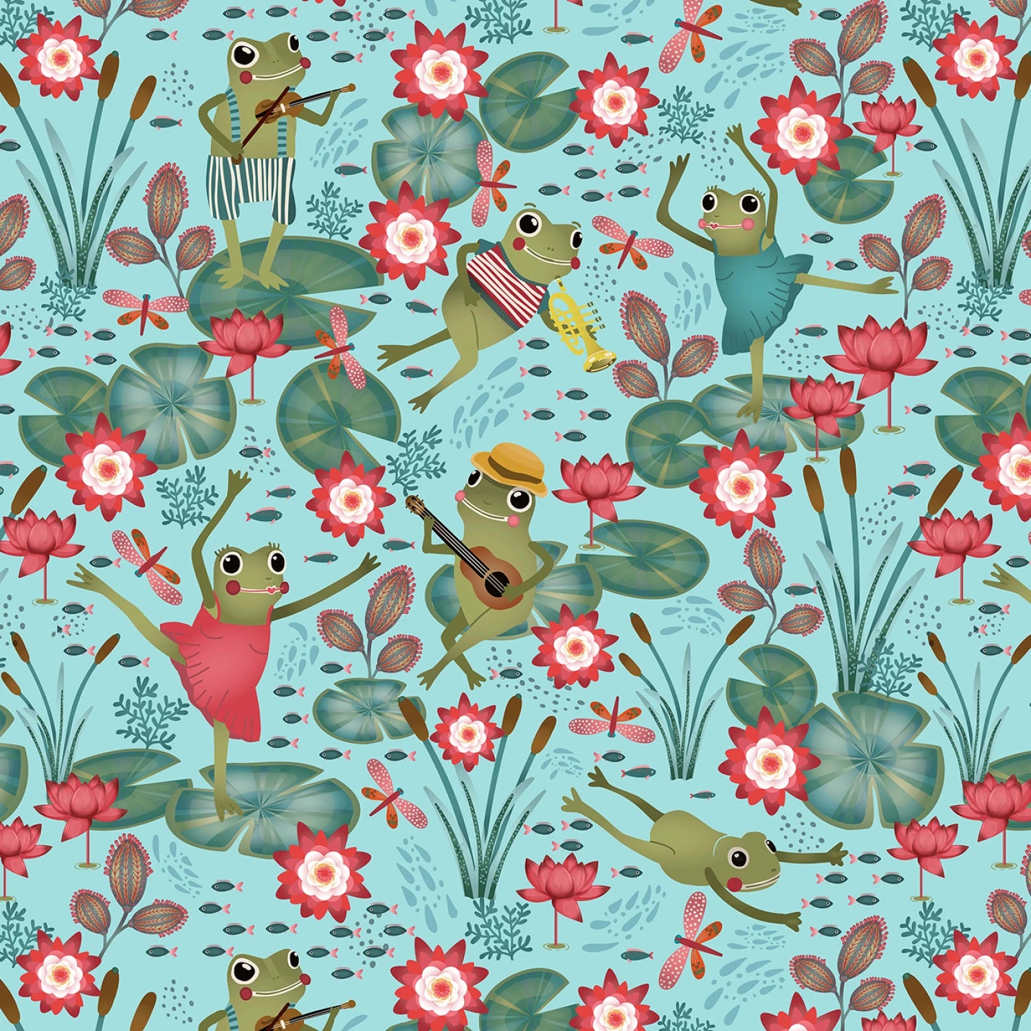 Lake Night Serenade | Light Blue Frogs on Lily Pads by Bienvenido for Blank Quilting | 4300-70