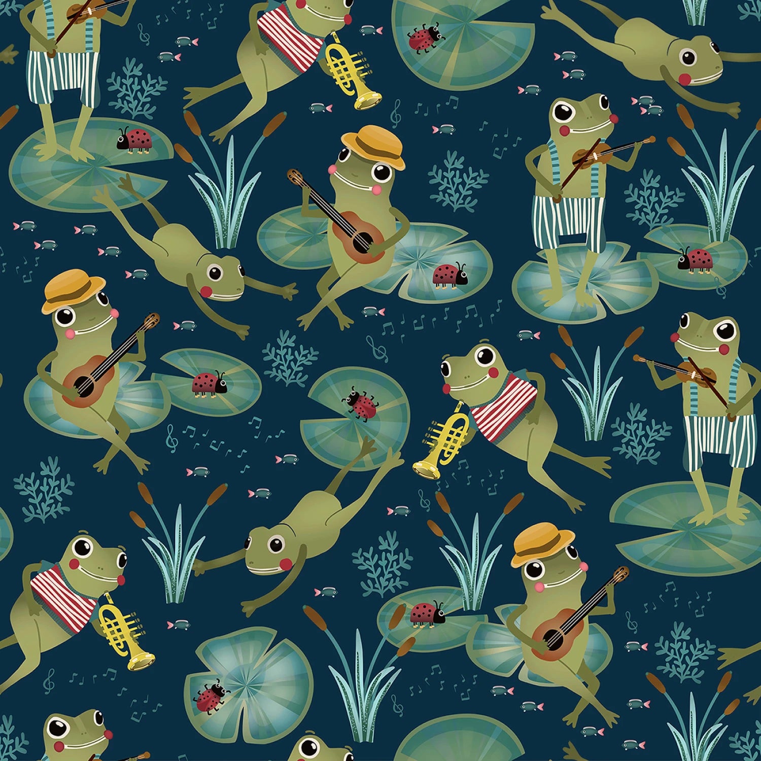 Lake Night Serenade | Navy Frogs with Instruments by Bienvenido for Blank Quilting | 4303-77