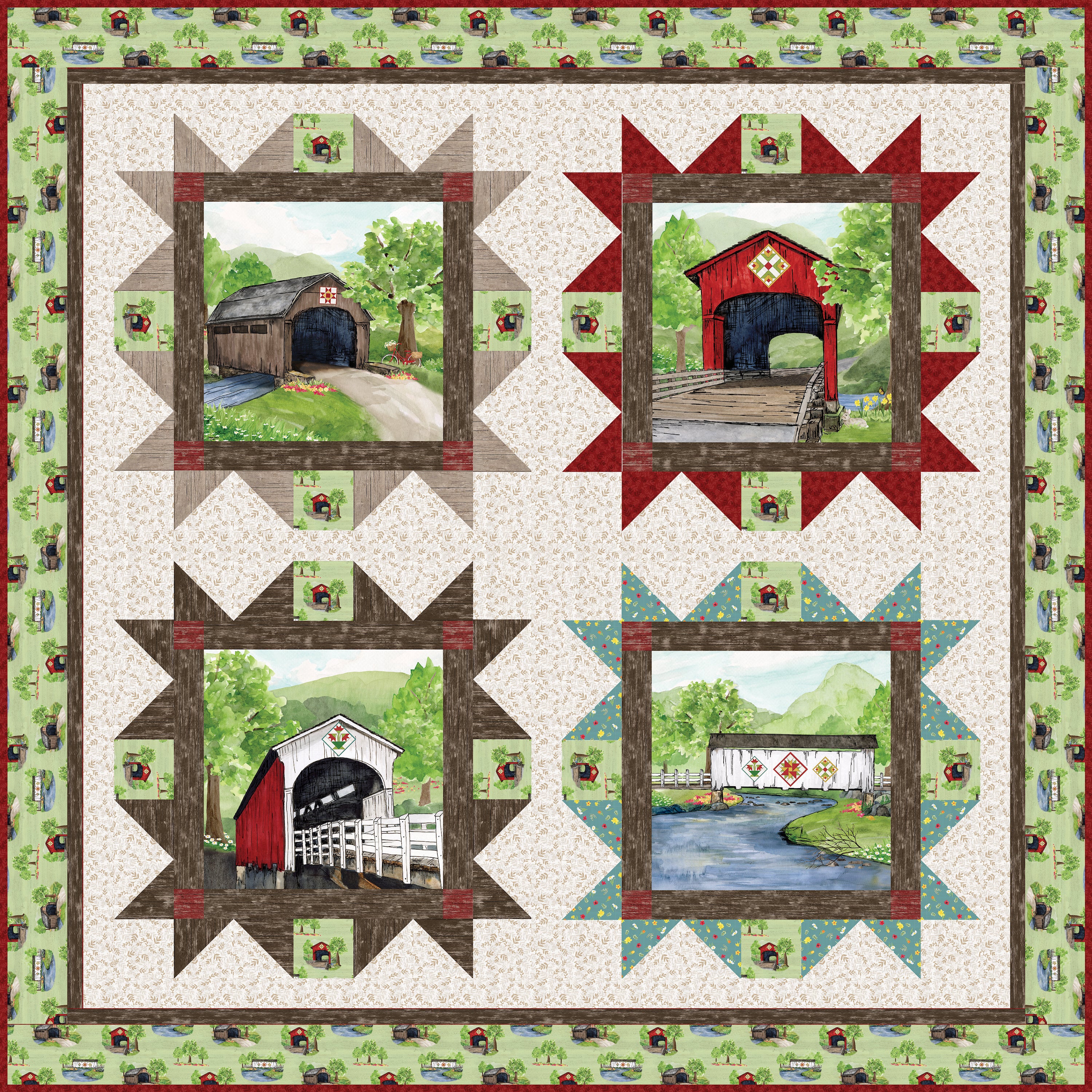 Covered Bridges in Spring | Bridges Tour Quilt Boxed Kit by Tara Reed for Riley Blake | KT-15820 | 72.5" x 72.5"