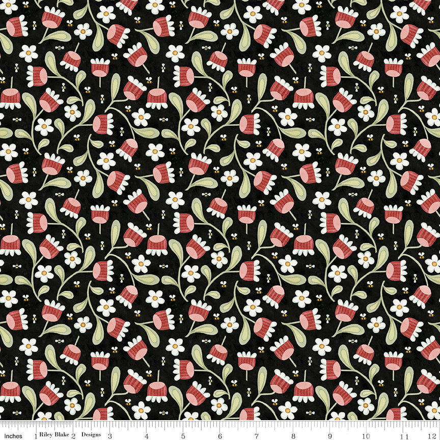 Hop Hop Hooray - Blooms and Bees Black (C14274-BLACK) - Teresa Kogut for Riley Blake