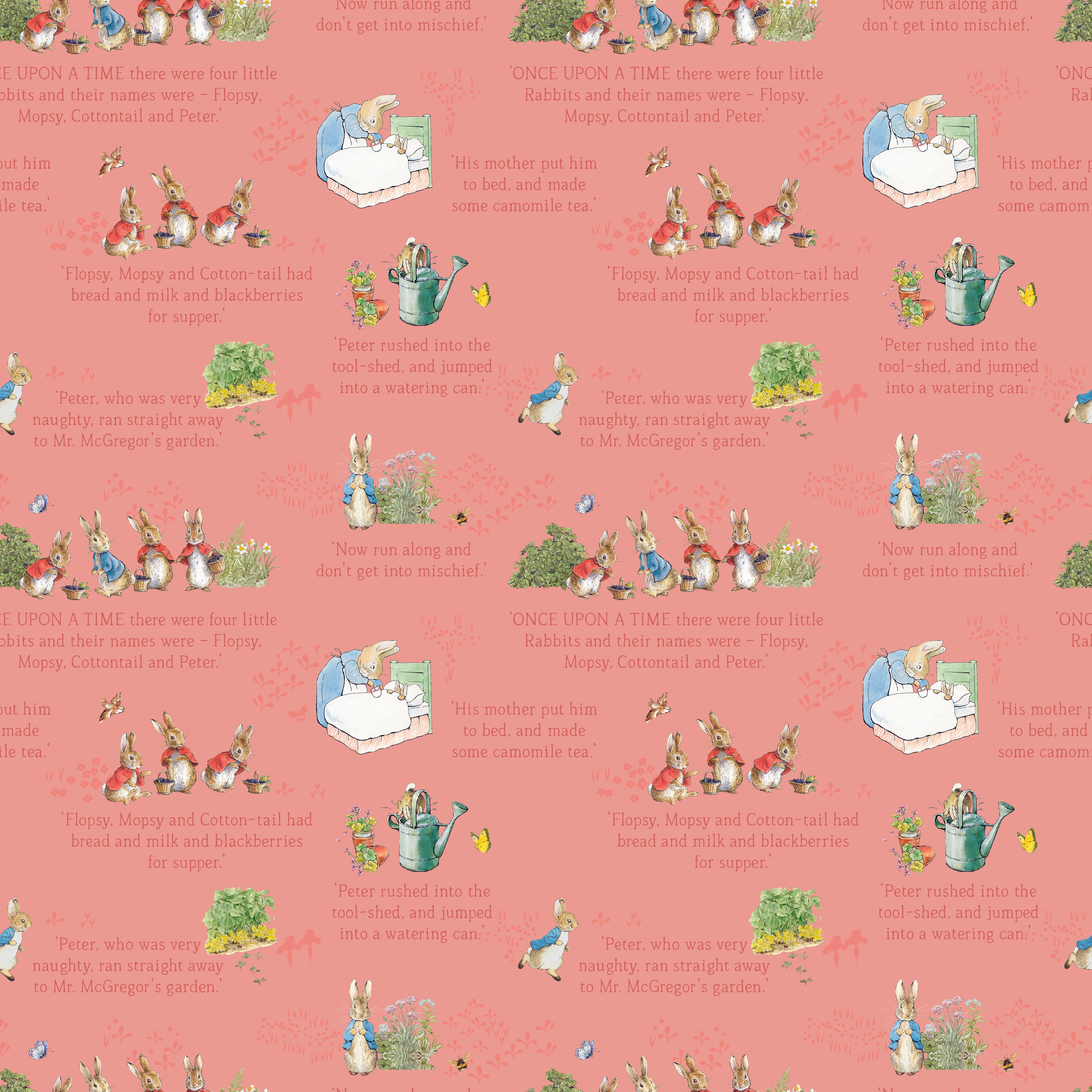The Tale of Peter Rabbit | Text Coral by Beatrix Potter for Riley Blake | C14701-CORAL