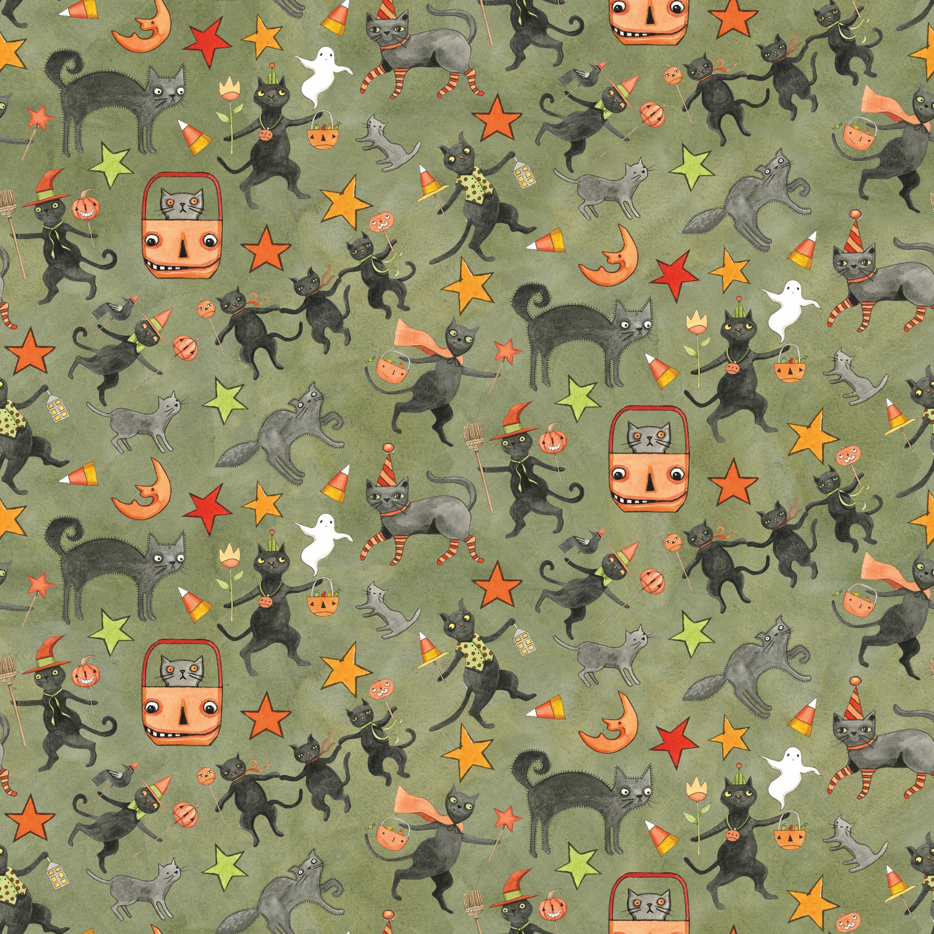 Spooky | Cats Green by Teresa Kogut for Riley Blake | C17572-GREEN