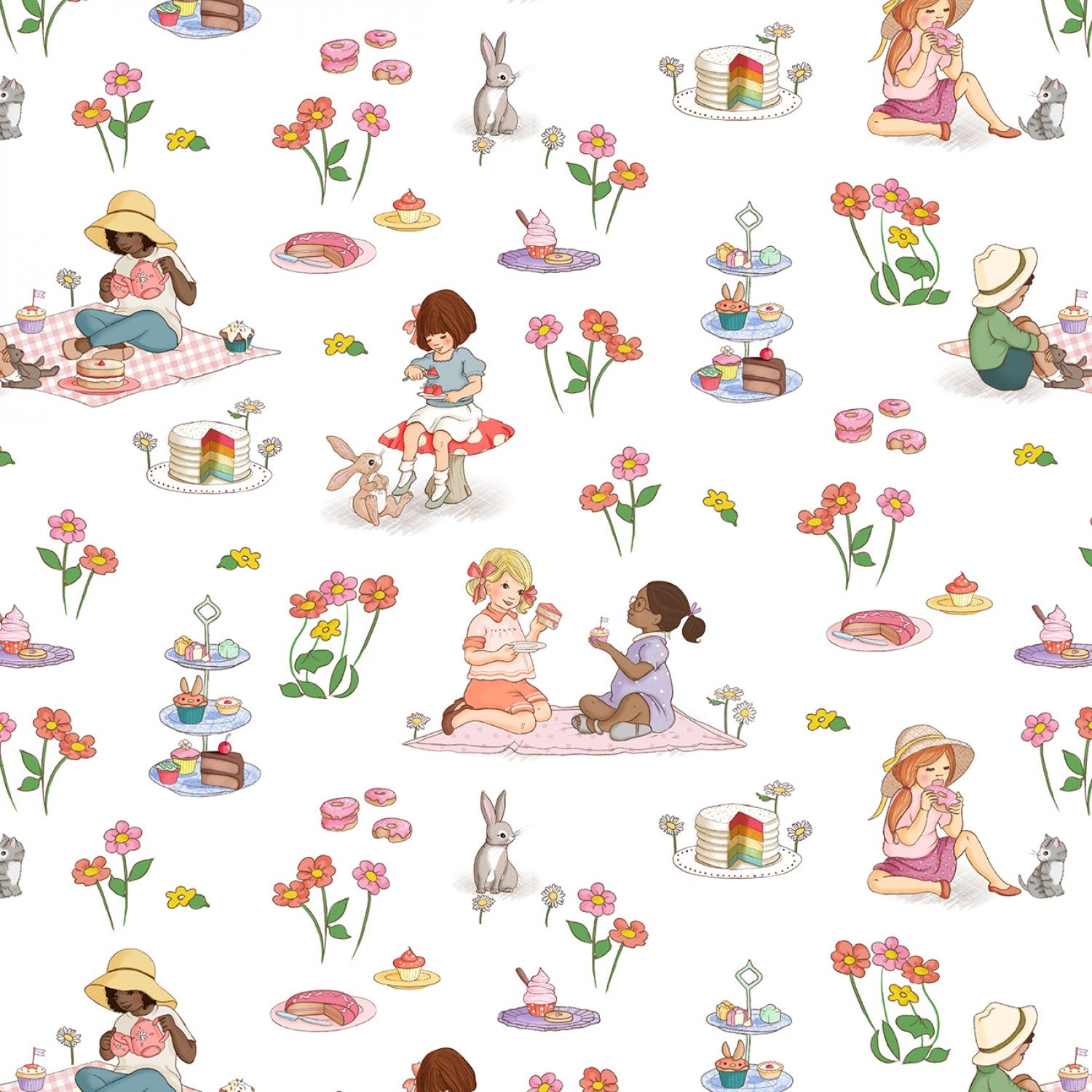 Yummy Scrummy Day - White Tea Party Scenic by Belle & Boo for Michael Miller