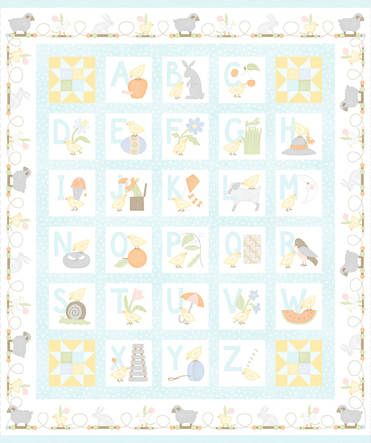 Little Chicks Flannel | Aqua Alphabet Panel 36" by Bonnie Sullivan for Maywood Studio | F10560M-Q