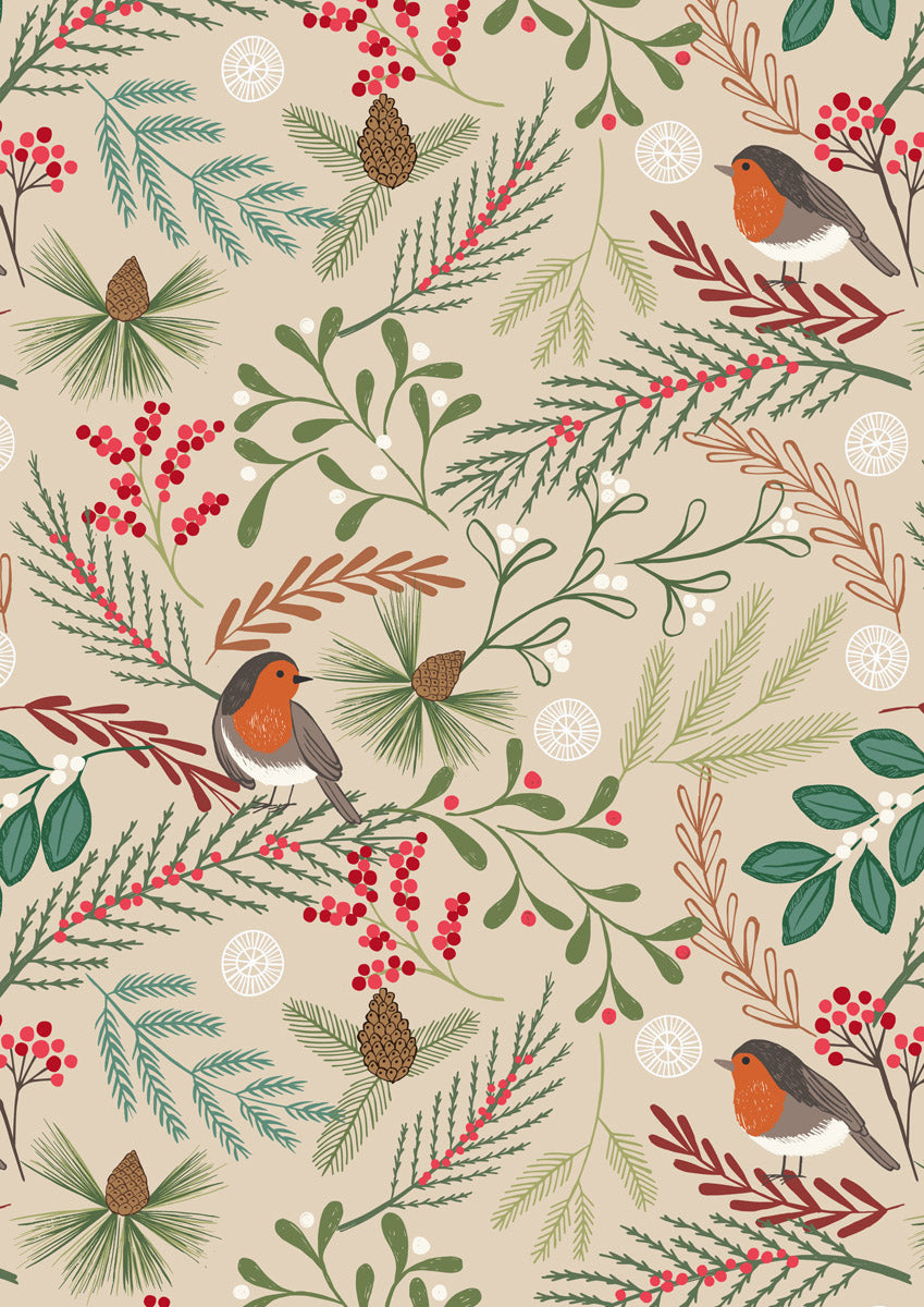 New Forest Winter Flannel | Robin on Dark Cream by Lewis & Irene | 100% Cotton Flannel