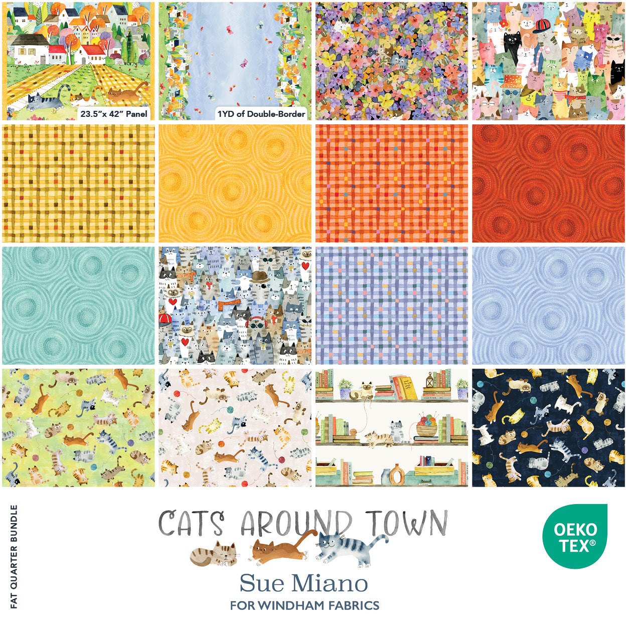 Cats Around Town | Fat Quarter Bundle by Sue Miano for Windham | 16 pcs