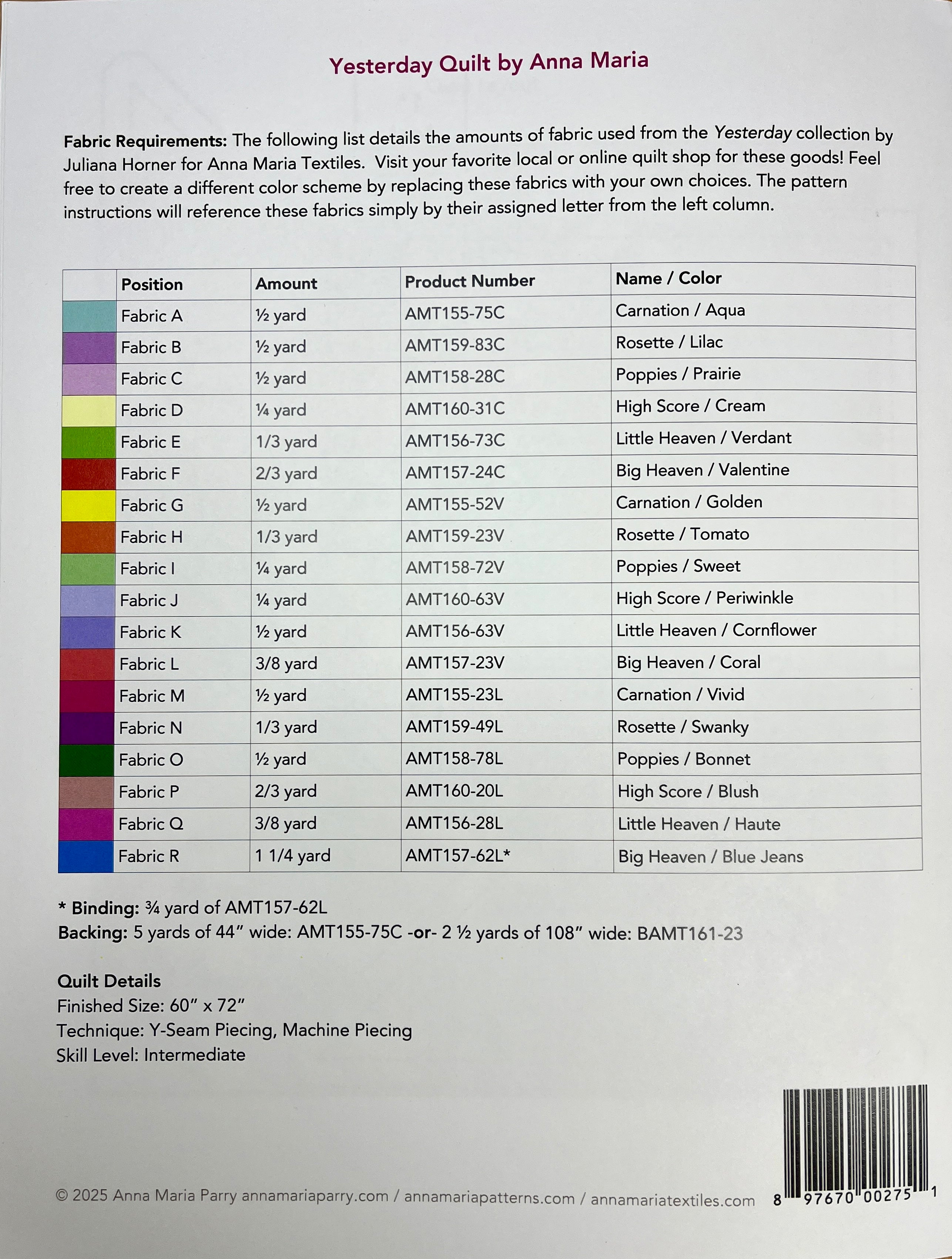 Yesterday Quilt Pattern from Anna Maria Patterns with Acrylic Templates | 60" x 72"