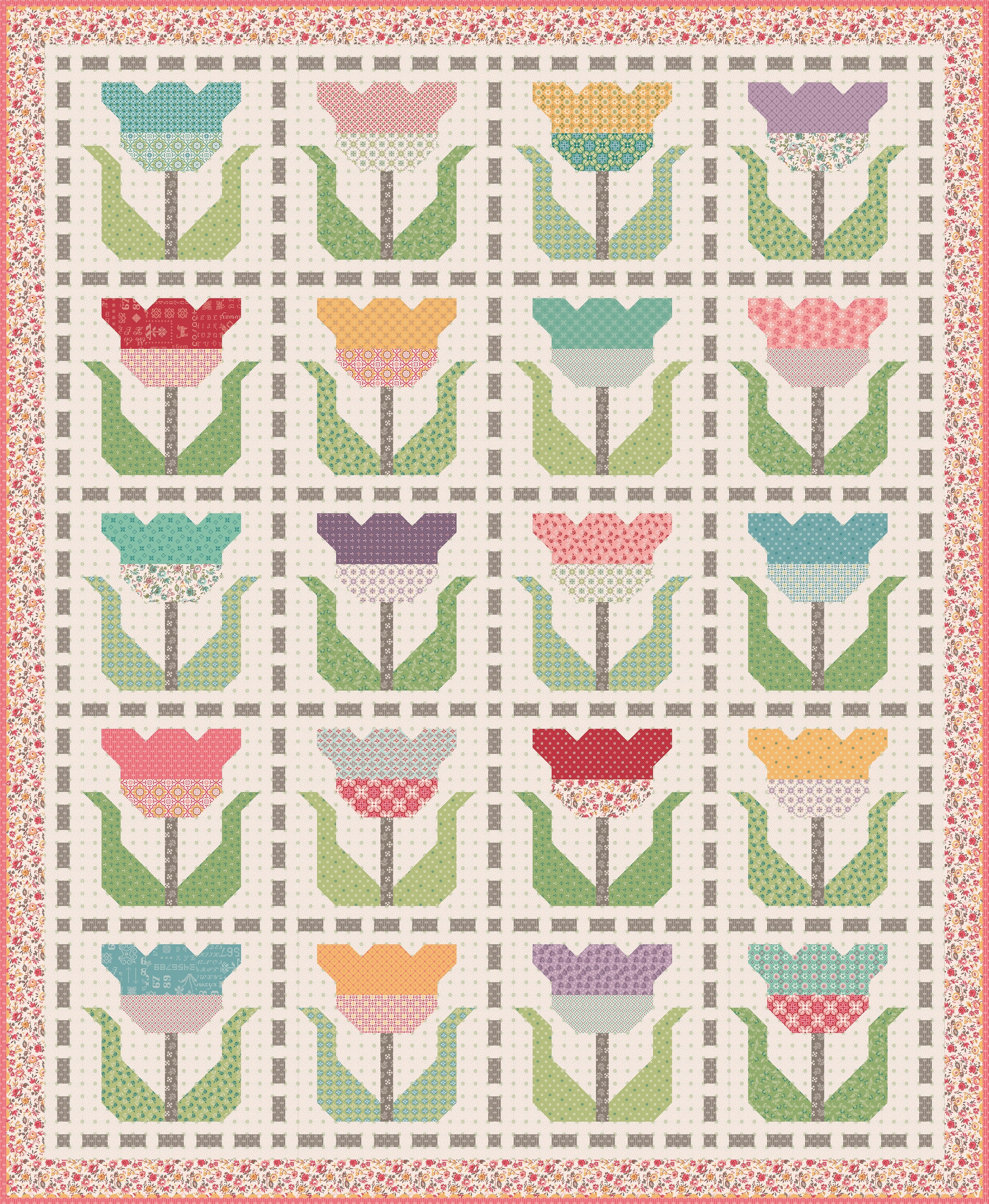 Piece & Plenty | Stitched Tulips Quilt Boxed Kit by Lori Holt for Riley Blake | 77" x 94"