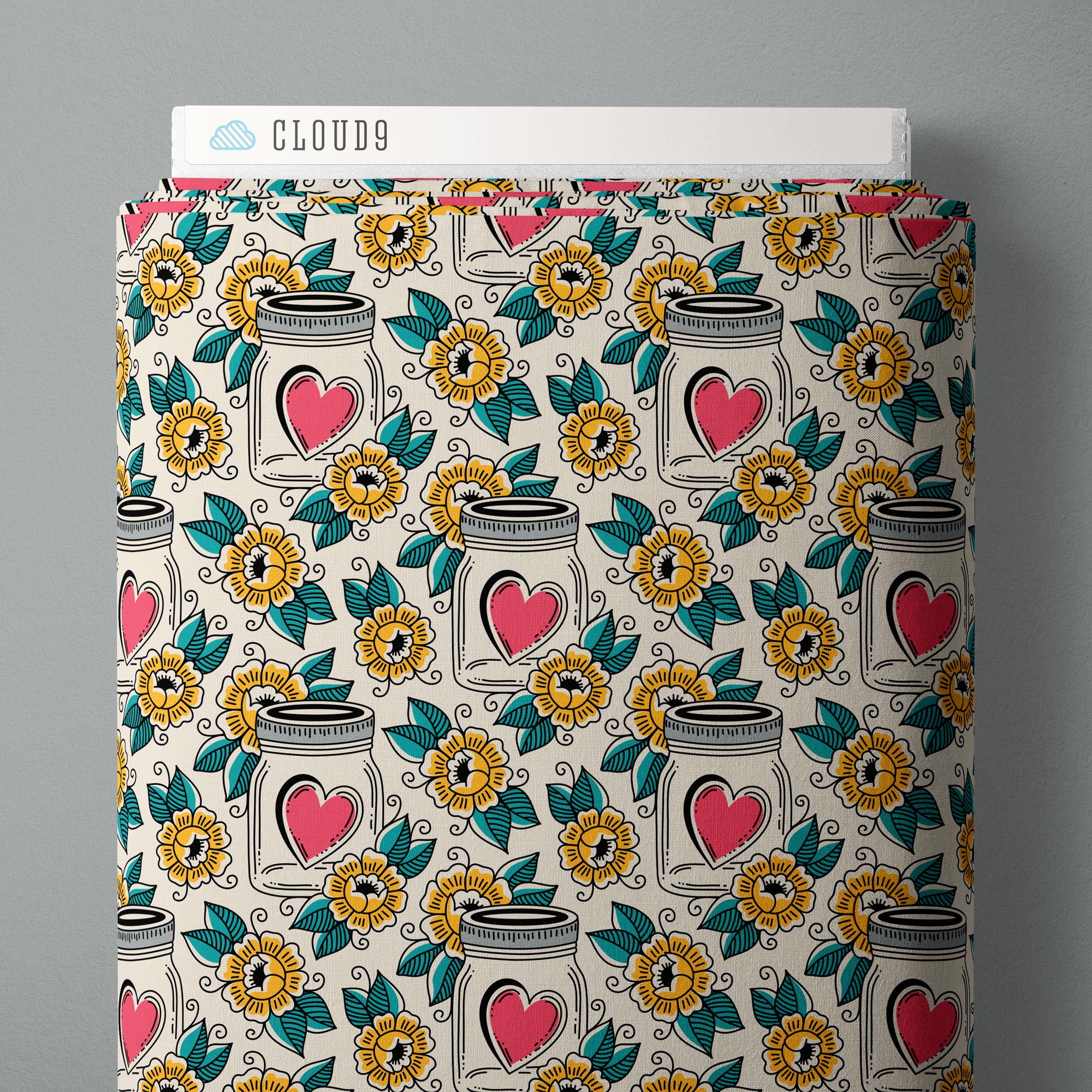 Love, Ink | Ivory/Multi Mason Jars by RouCouCou for Cloud9 | 228634 | 100% Organic Cotton