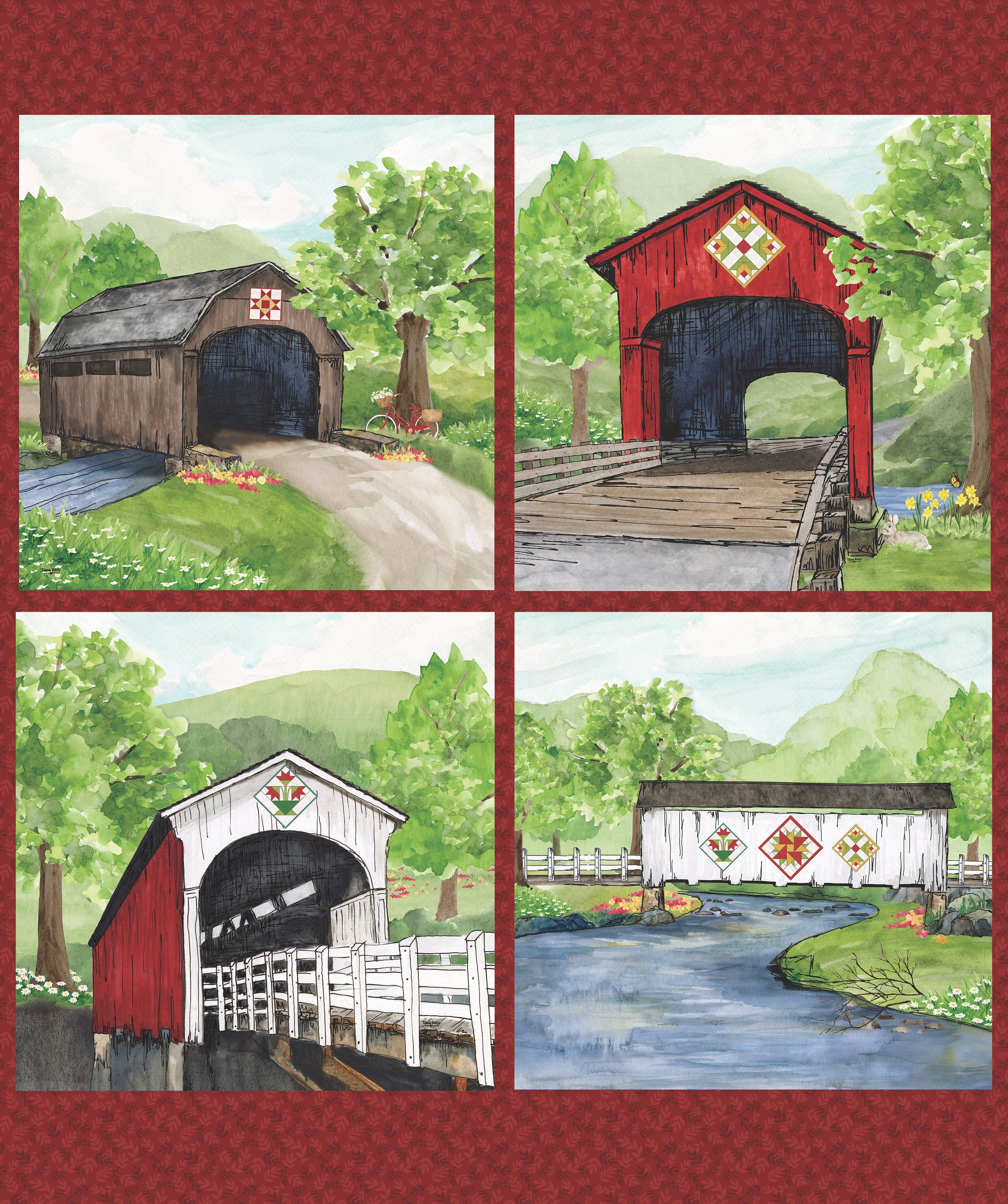 Covered Bridges in Spring | Covered Bridges Pillow Panel by Tara Reed for Riley Blake | PD15827-PANEL