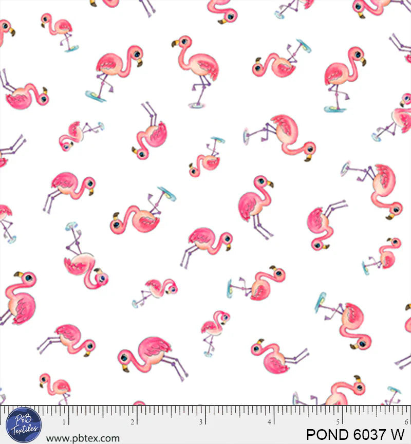 Pondside Pals | Tossed Flamingos White by Jeremiah Ketner for P&B Textiles | POND6037-W
