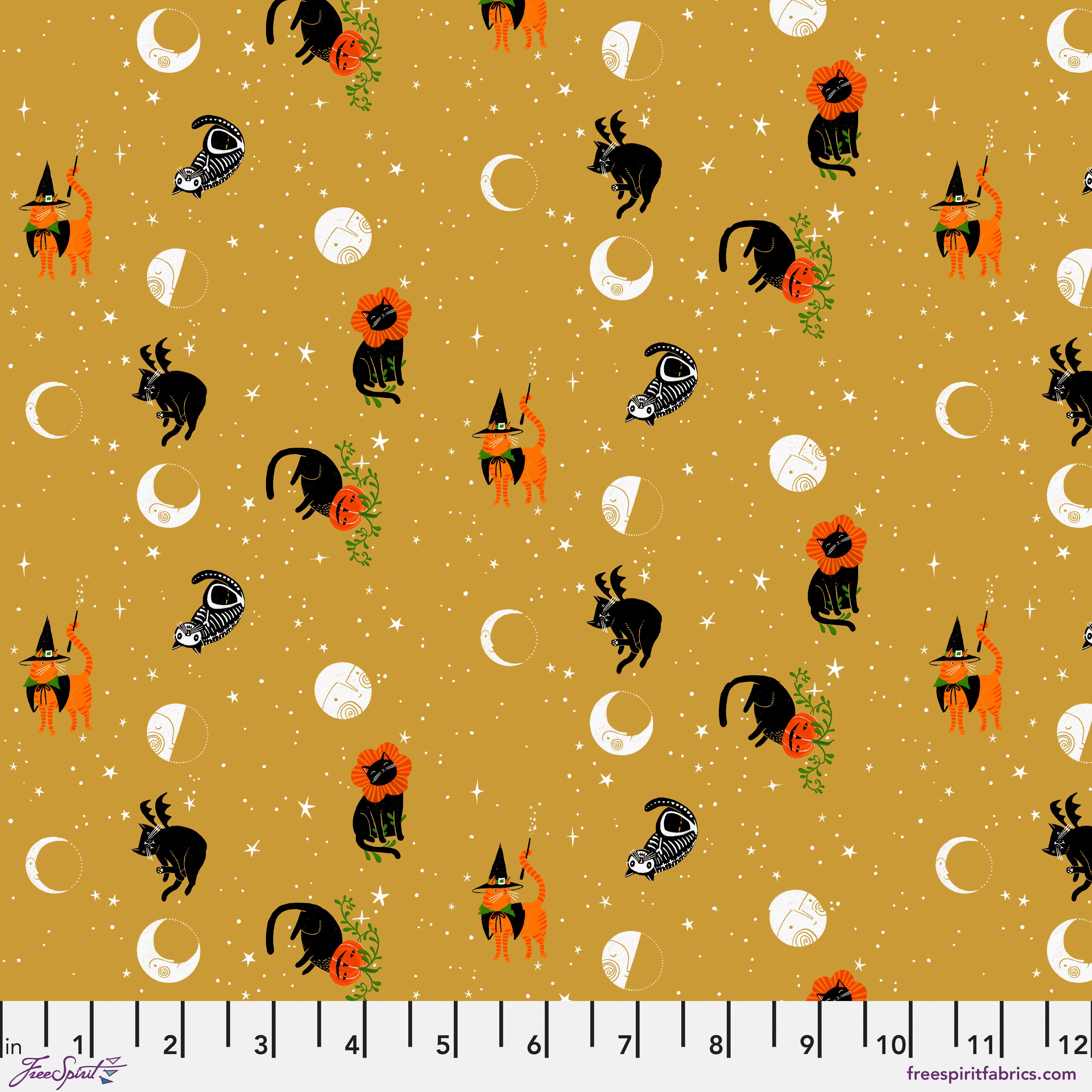 Witchy Ways | Meow at the Moon - Gold by Cori Dantini for FreeSpirit Fabrics | PWCD145.XGOLD