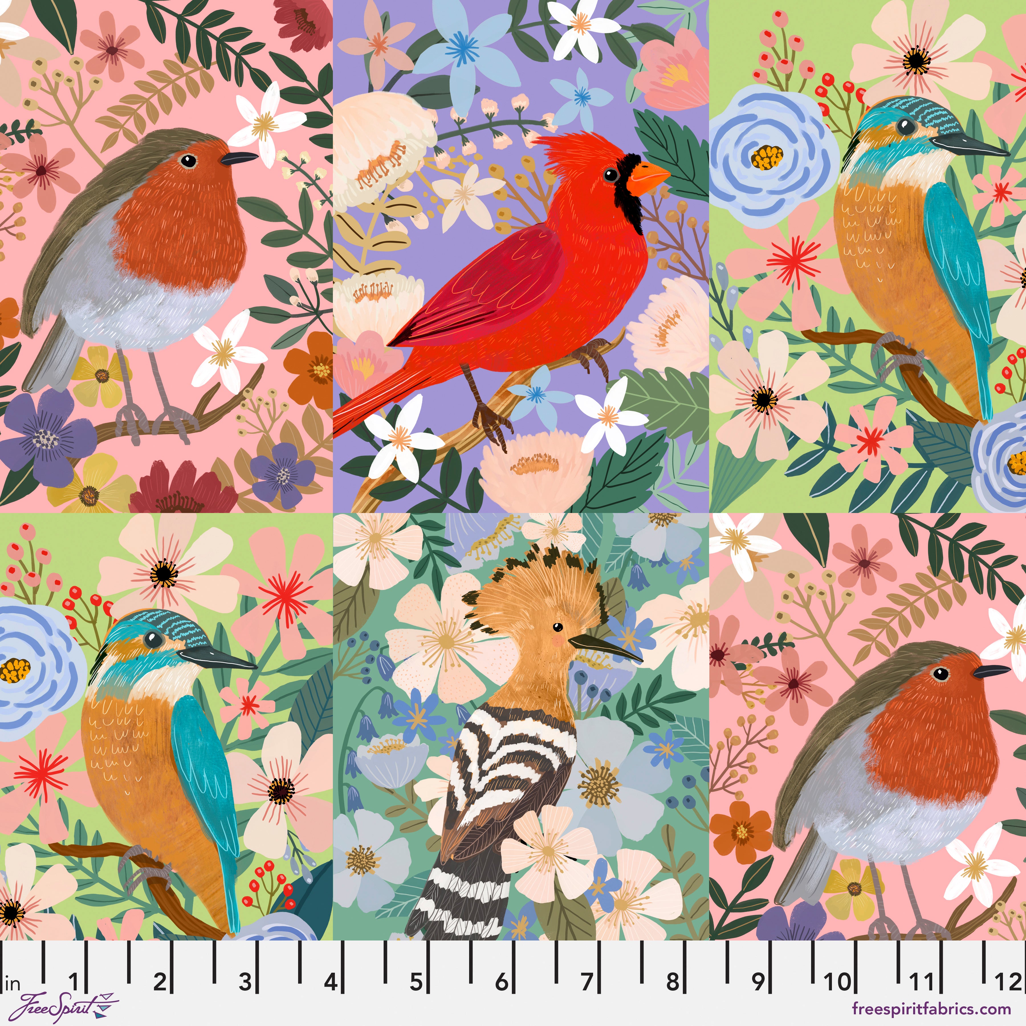 Bird Garden - Beautiful Birds Multi 12" Panel by Mia Charro for Free Spirit
