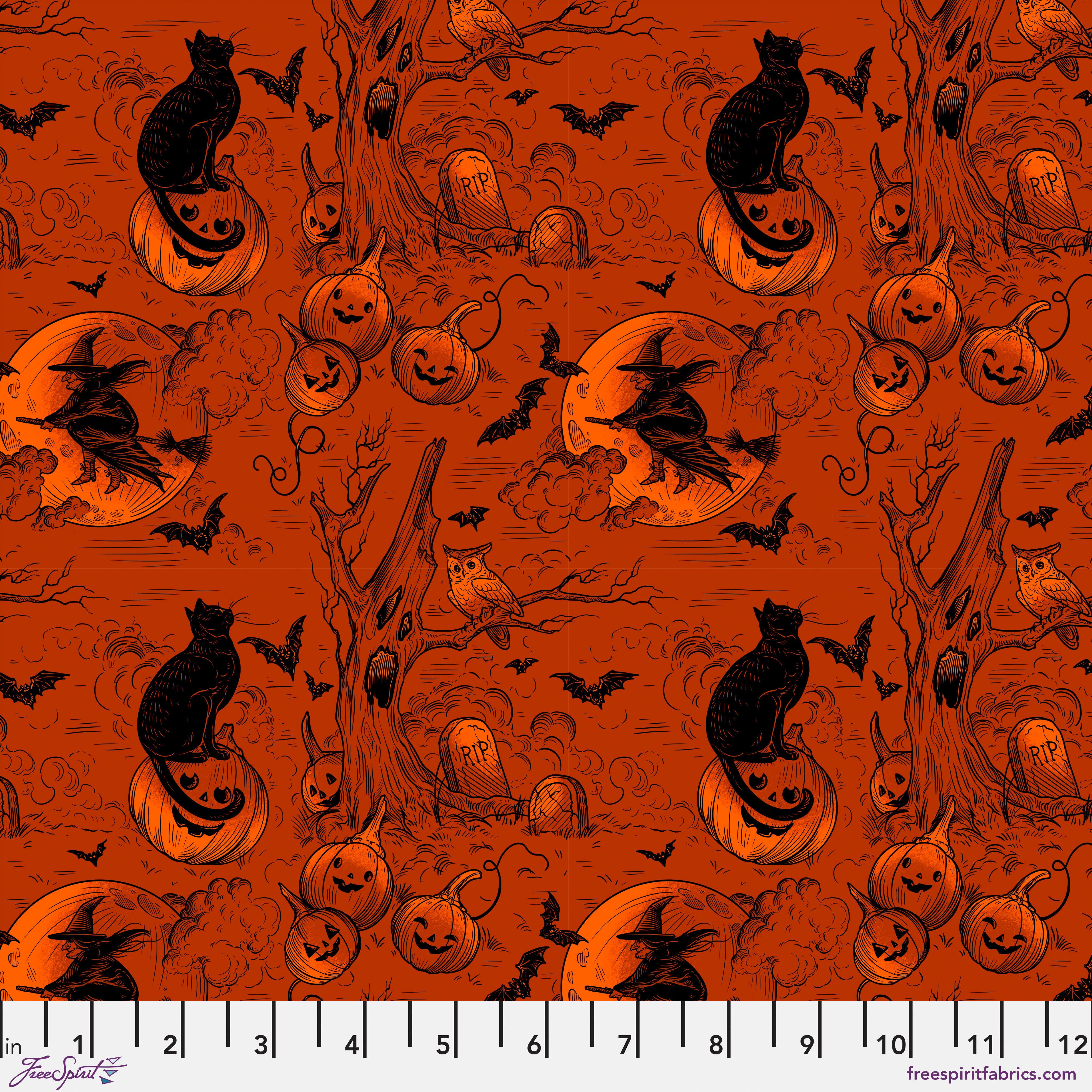 Costumes & Cobwebs | Haunted Toile - Orange by Rachel Hauer for FreeSpirit | PWRH125.ORANGE