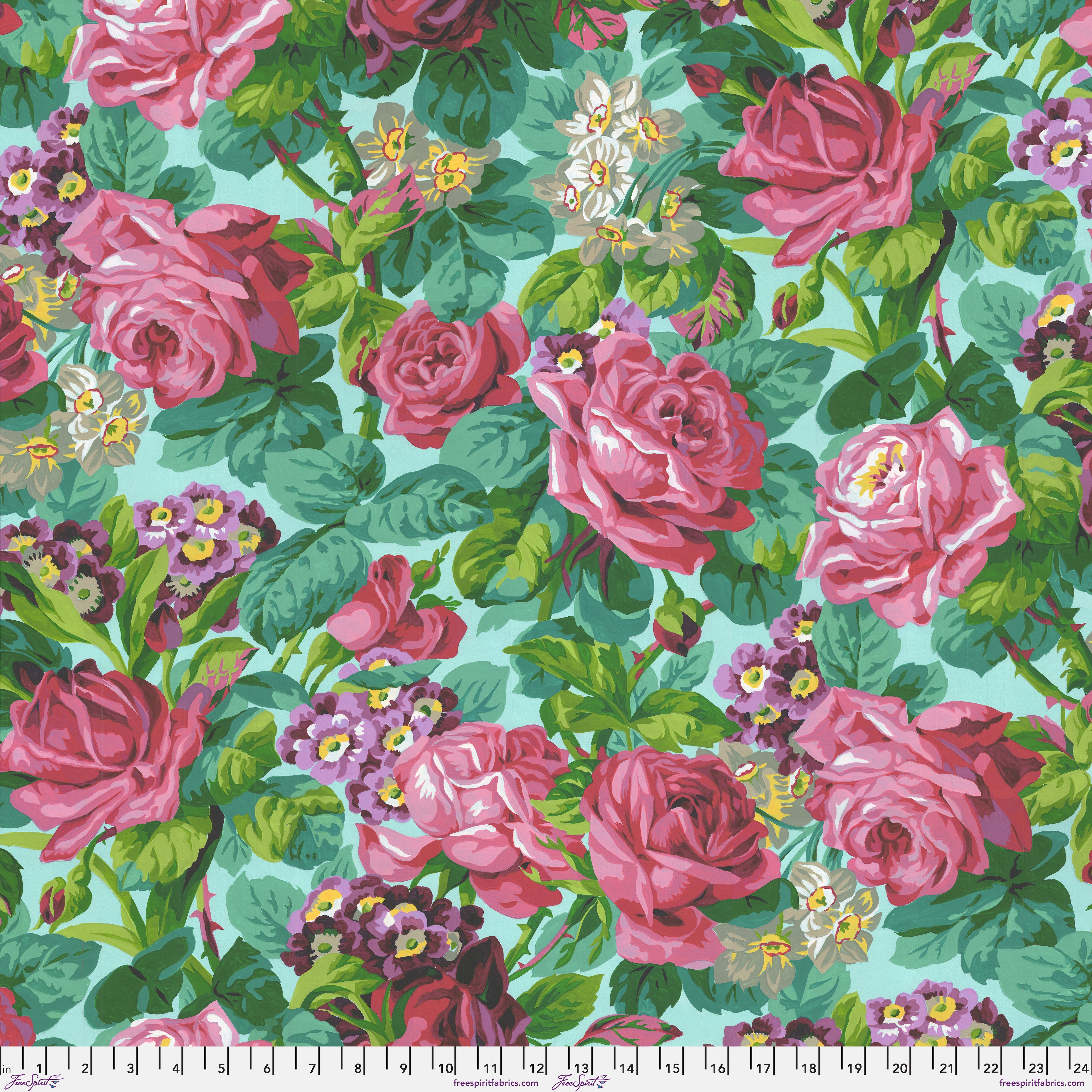 Cottage Garden | Rose & Primulas Aqua by Snow Leopard Designs for FreeSpirit | PWSL137.AQUA