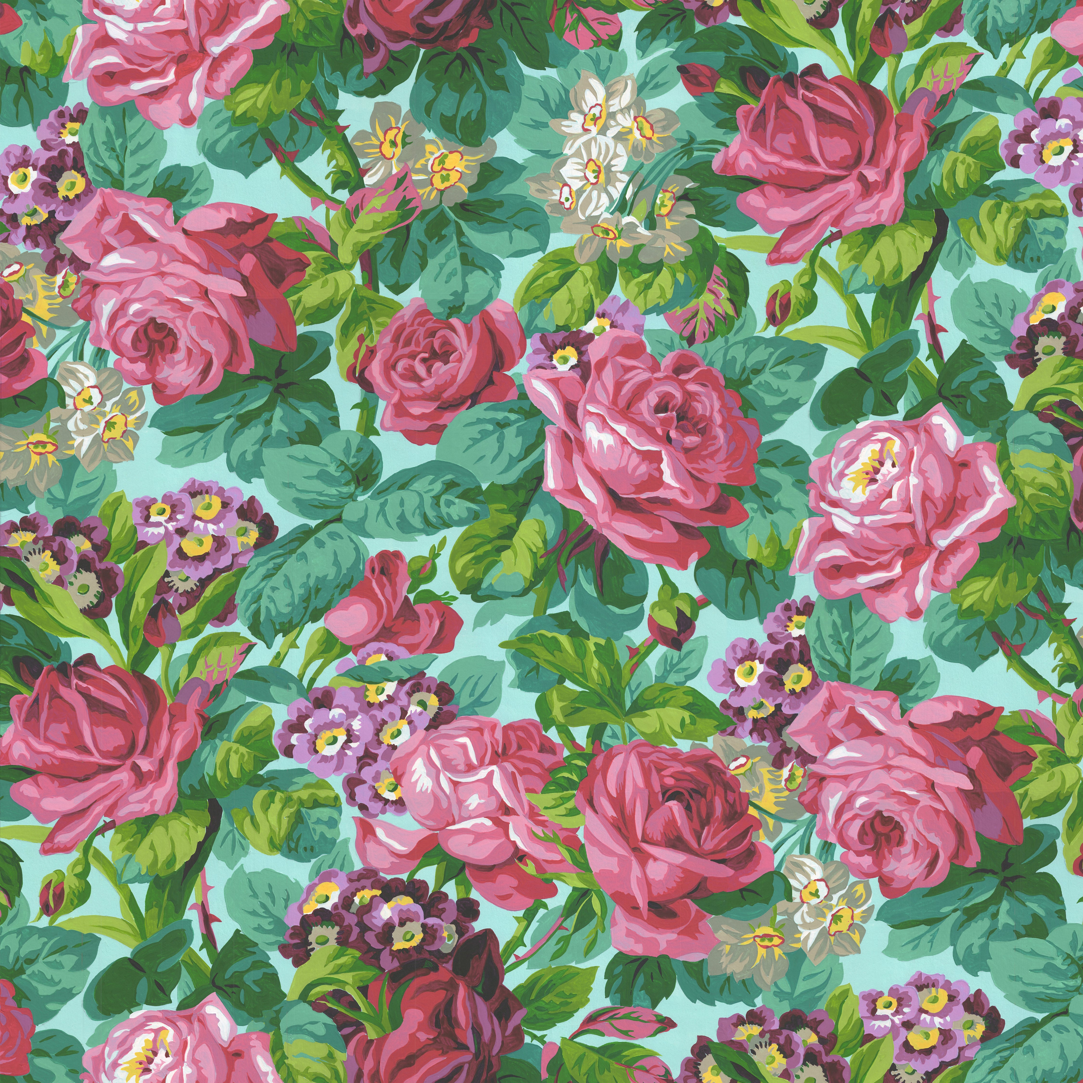Cottage Garden | Rose & Primulas Aqua by Snow Leopard Designs for FreeSpirit | PWSL137.AQUA
