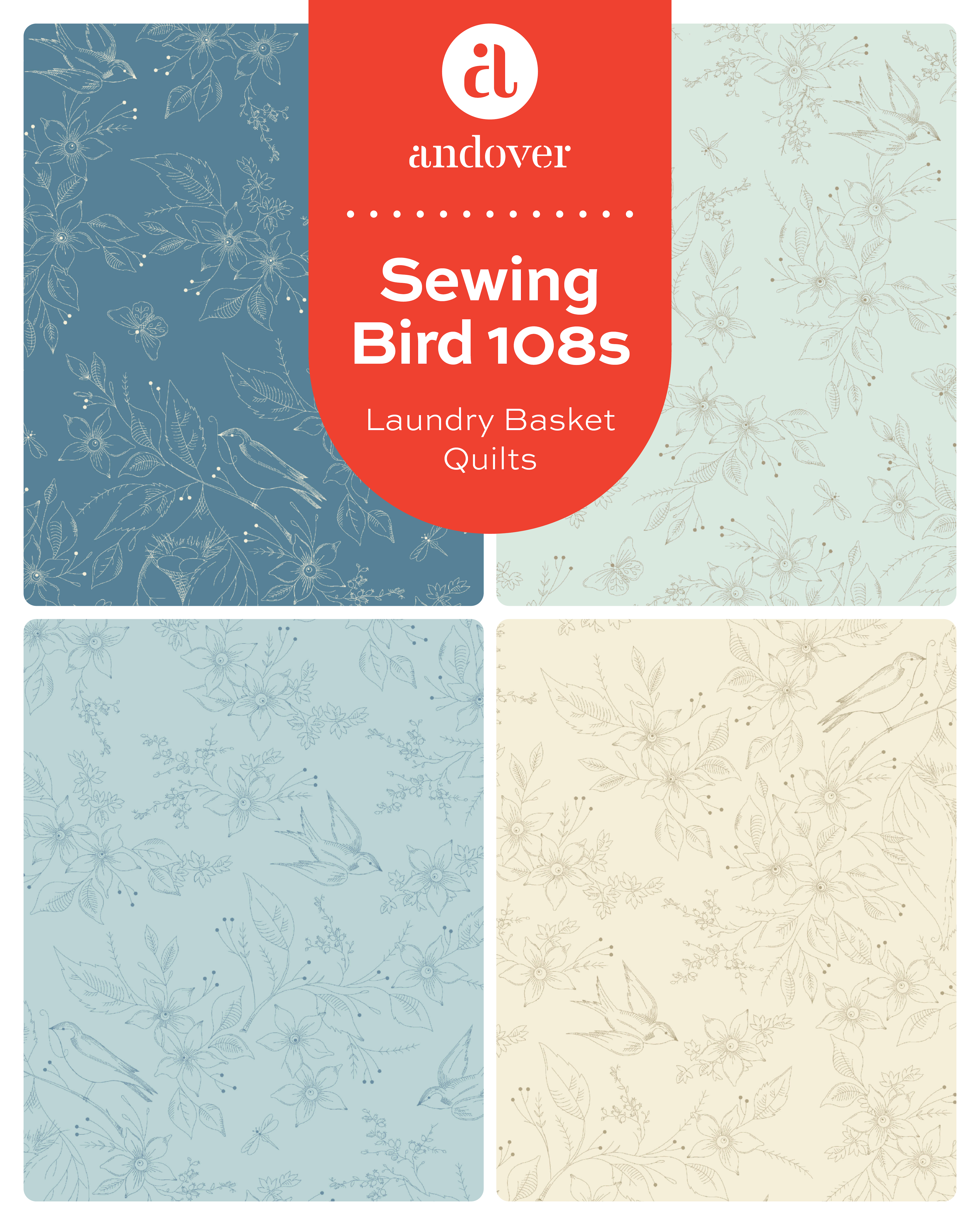 Sewing Bird - Indigo | 108" Backing by Laundry Basket Quilts for Andover | AW-1681-B