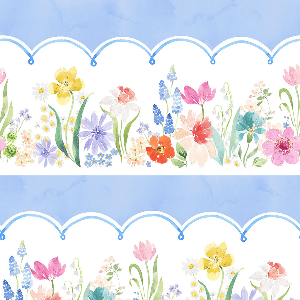 Spring Cheer | Light Denim Pictorial Stripe by Heatherlee Chan for Clothworks | Y4688-87