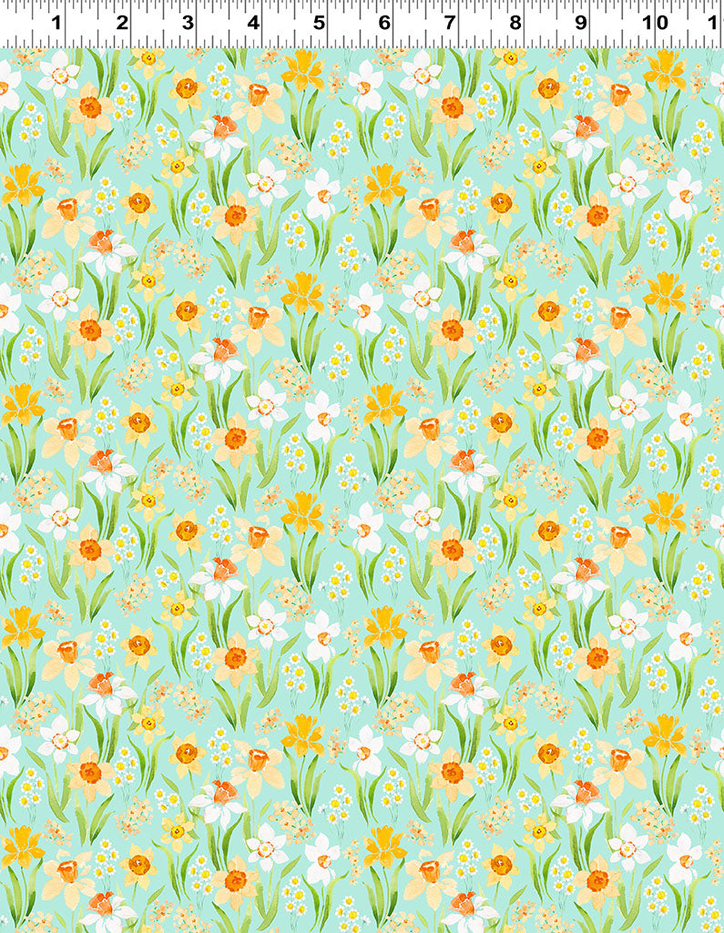 Spring Cheer | Light Teal Daffodils by Heatherlee Chan for Clothworks | Y4694-103