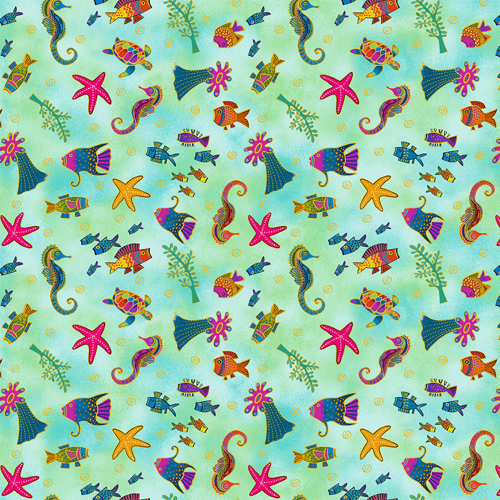 Oceania | 5" Charm Pack with Gold Metallic by Laurel Burch for Clothworks | 42 pcs