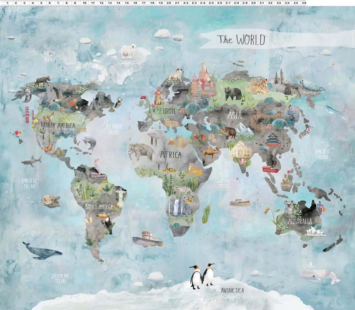 Our World | 36" World Map Panel by Kendra Binney for Clothworks | Y4931-55