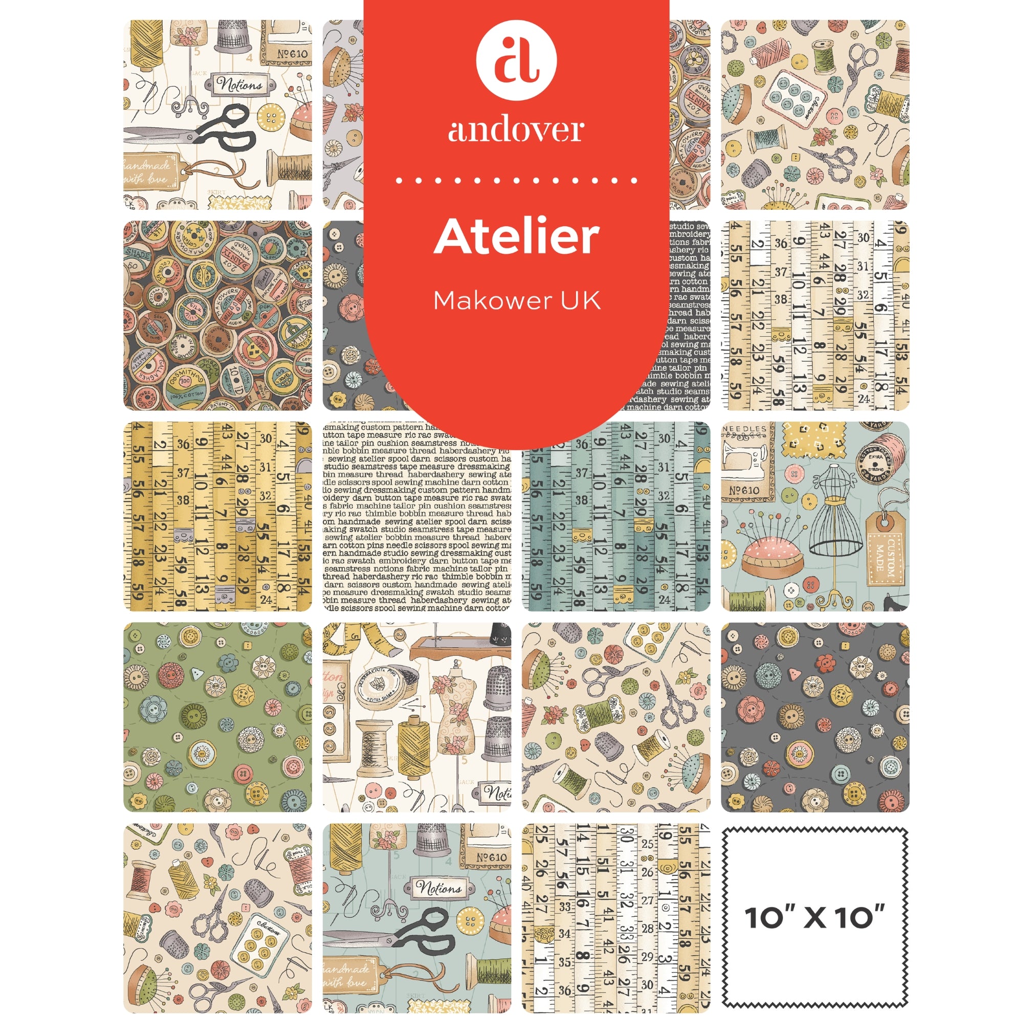 Atelier | 10" Square Pack by Makower UK for Andover Fabrics | 42 pcs