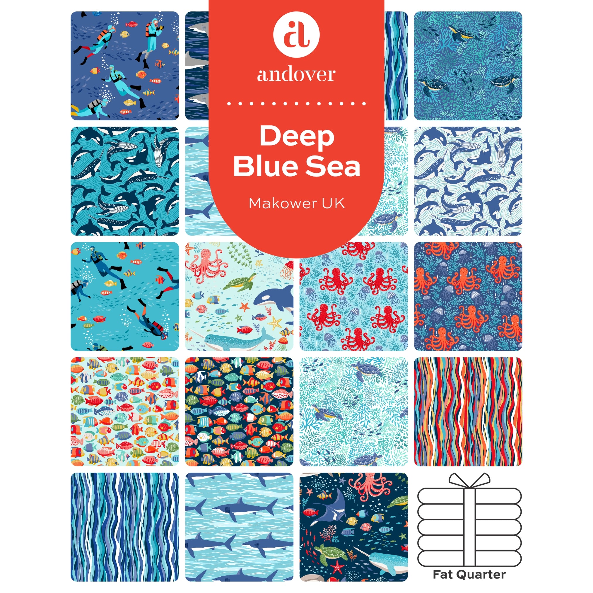 Deep Blue Sea - Fat Quarter Bundle by Makower UK for Andover Fabrics | 19 pcs