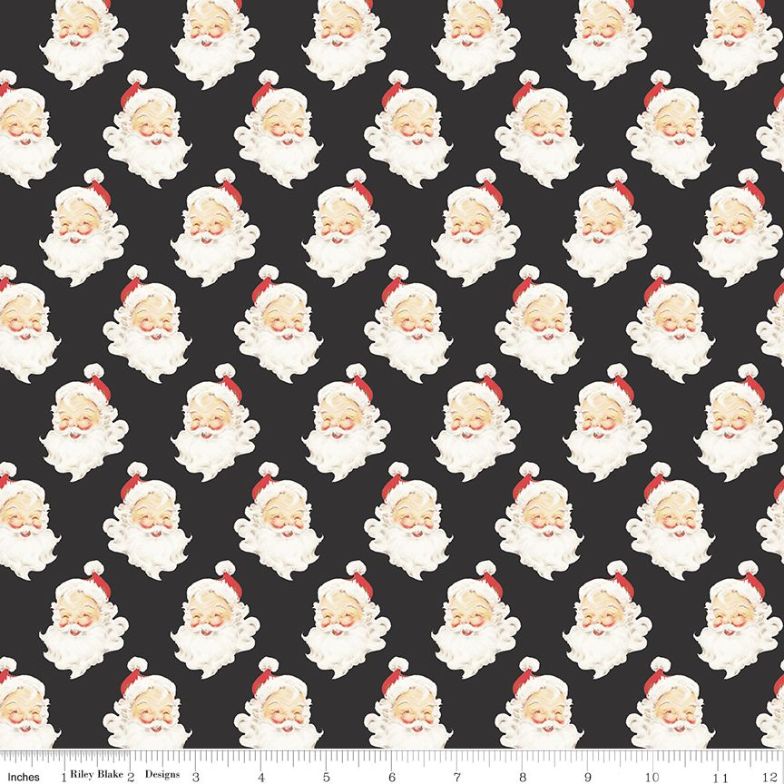 Designer Flannel | Old Fashioned Christmas Santa Heads Charcoal from Riley Blake | F15031-CHARCOAL