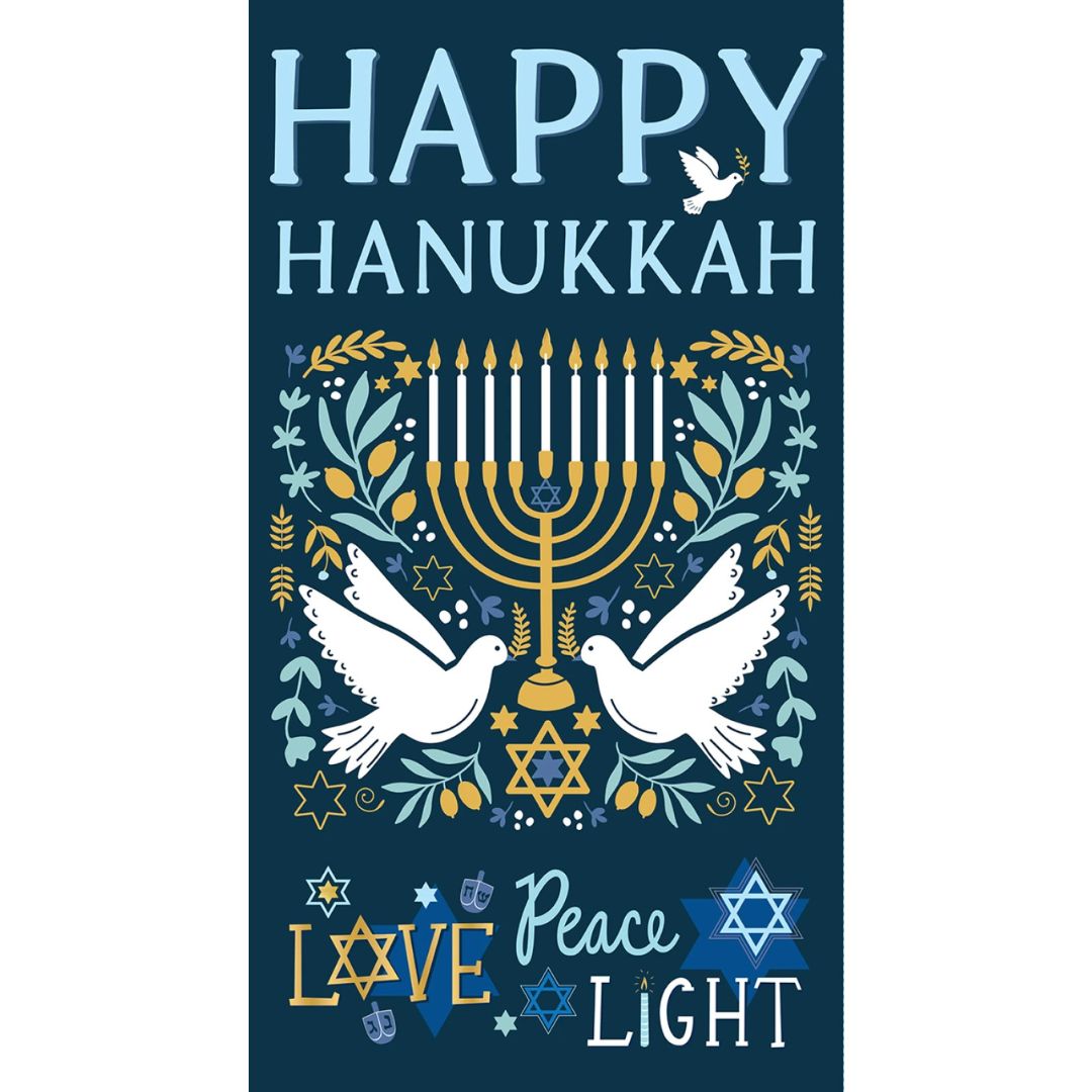 Happy Hanukkah | 24" Digital Panel - Navy Blue by Emily Elizabeth for Clothworks | Y4421-53