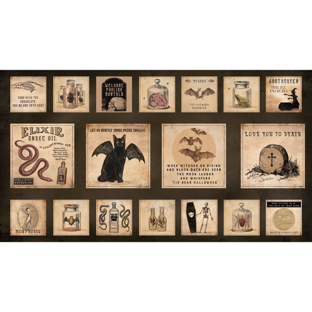 Gothic Halloween | Digital Blocks Panel Black by Dan DiPaolo for Clothworks | Y4438-3